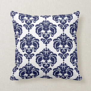 Navy Blue & White Damask Modern Elegant Pattern Throw Pillow