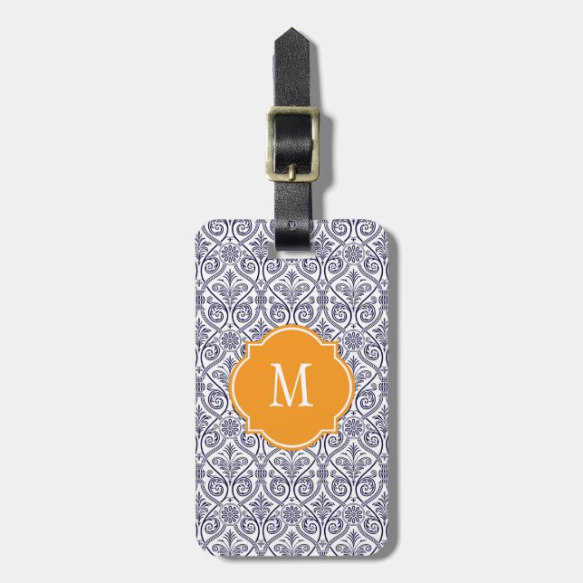 Navy Blue & White Damask Monogram Luggage Tag (Front Vertical)