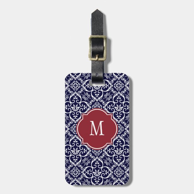 Navy Blue & White Damask Monogram Luggage Tag (Front Vertical)