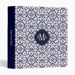 Navy Blue & White Damask Pattern Monogram Binder