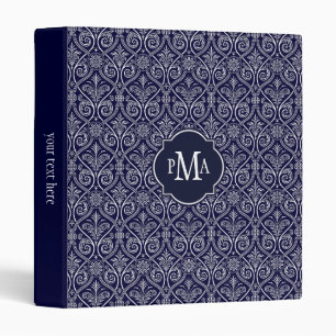 Navy Blue & White Damask Pattern Monogram Binder