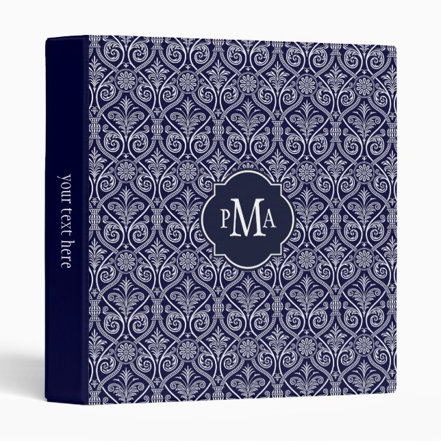 Navy Blue & White Damask Pattern Monogram Binder (Front/Spine)