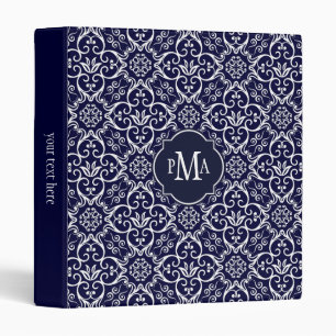 Navy Blue & White Damask Pattern Monogram Binder