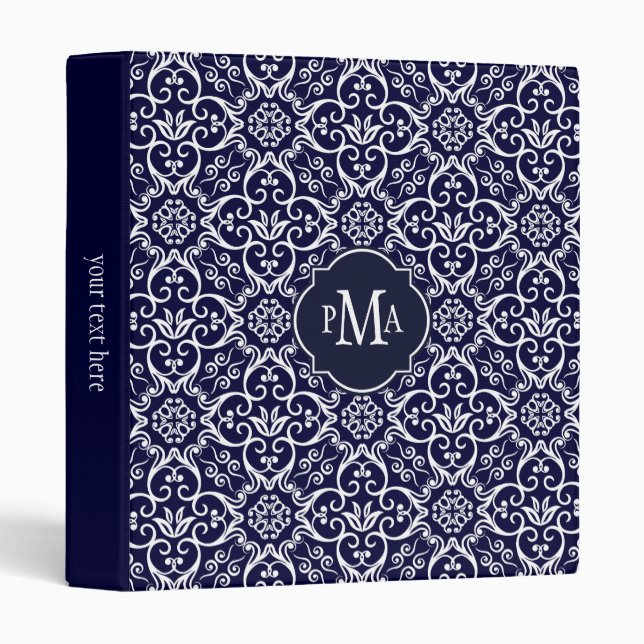 Navy Blue & White Damask Pattern Monogram Binder (Front/Spine)