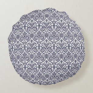 Navy Blue & White Damask Round Pillow