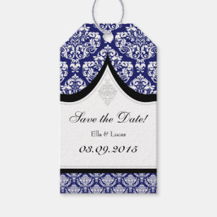 Navy Blue White Damask Save The Date Tags