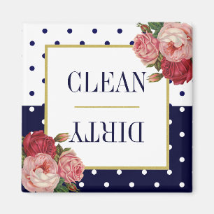 Navy Blue White Dots Floral Clean Dirty Dishwasher Magnet