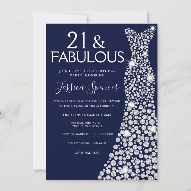 Navy Blue White Dress 21st Fabulous Birthday Party Invitation (Front)