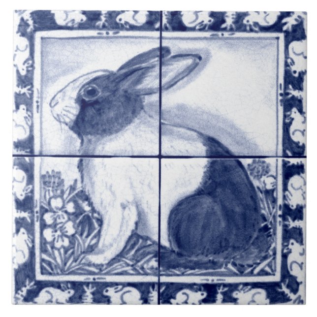 Navy Blue White Dutch Rabbit Dedham Delft Mural Tile (Front)