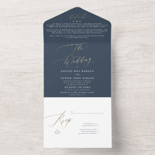 Navy Blue White Elegant Gold The Wedding All In One Invitation