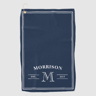 Navy Blue White Elegant Monogram Golf Towel