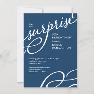 Navy Blue & White Elegant Surprise Birthday Party Invitation