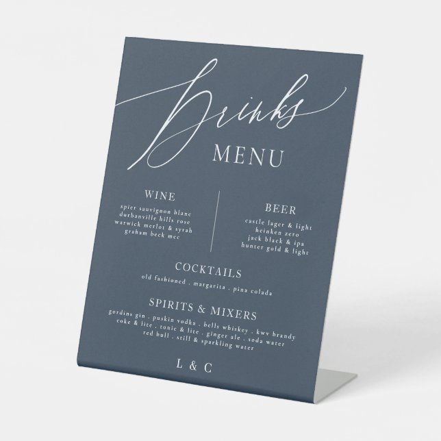 Navy Blue White Elegant Wedding Bar Drink Menu Pedestal Sign (Front)