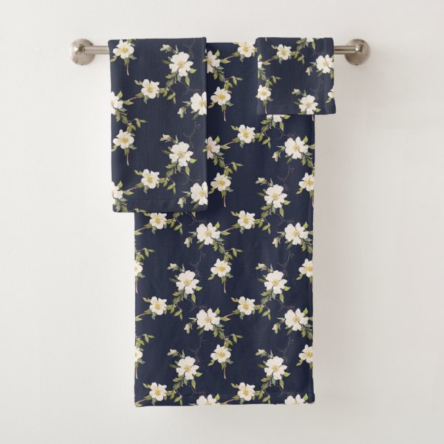 Navy Blue White Floral Bath Towel Set (Insitu)