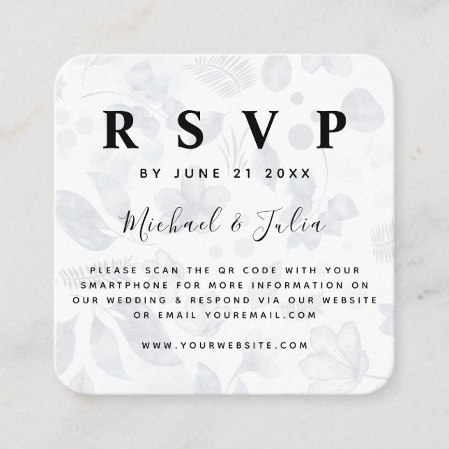 Navy Blue & White Floral Chic QR Code Wedding RSVP Enclosure Card (Front)