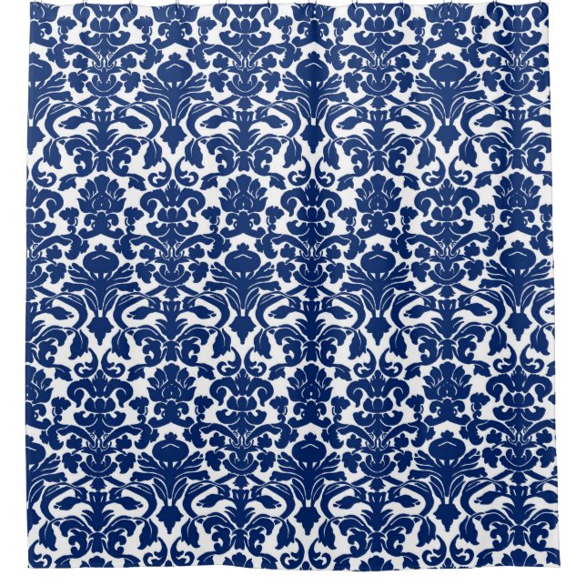 Navy Blue White Floral Damask Shower Curtain (Front)