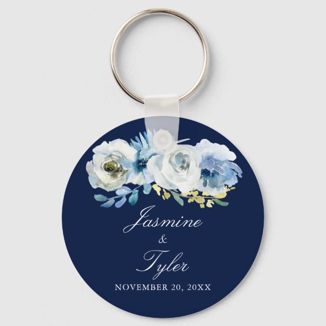 Navy Blue White Floral Elegant Wedding Favour Keychain (Front)