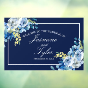Navy Blue White Floral Elegant Welcome Wedding Window Cling