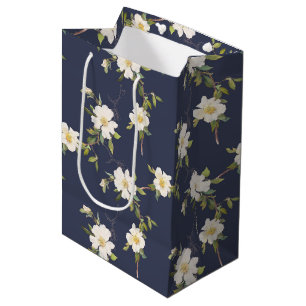 Navy Blue White Floral Medium Gift Bag
