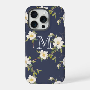 Navy Blue White Floral Monogram iPhone 15 Pro Case