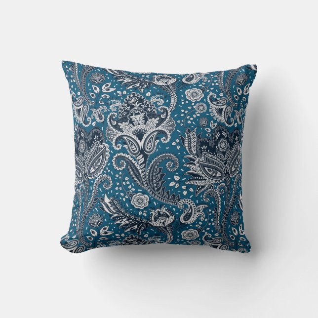 Navy Blue & White Floral Paisley Bohemian Boho Throw Pillow (Front)