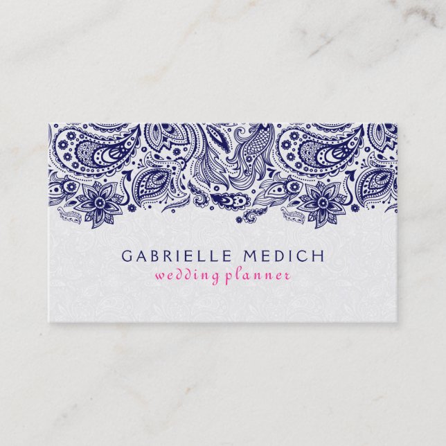 Navy Blue & White Floral Paisley Lace Business Card (Front)