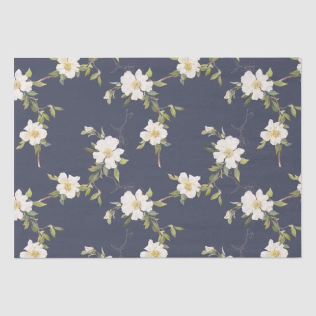 Navy Blue White Floral Tissue Paper (Front)