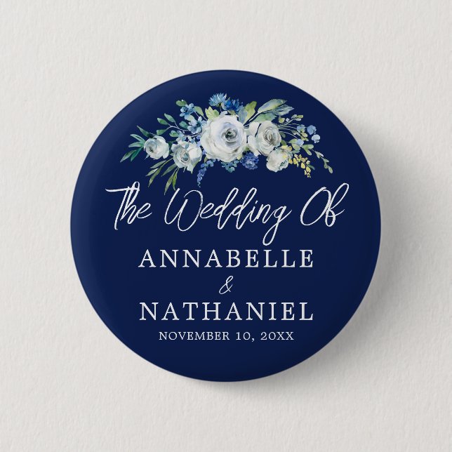 Navy Blue White Floral Wedding Personalized 2 Inch Round Button (Front)