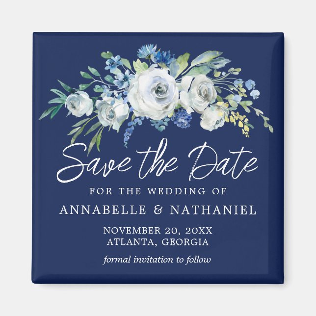 Navy Blue White Floral Winter Save the Date Magnet (Front)