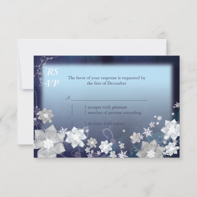 Navy Blue & White Floral Winter Wedding RSVP Card (Front)