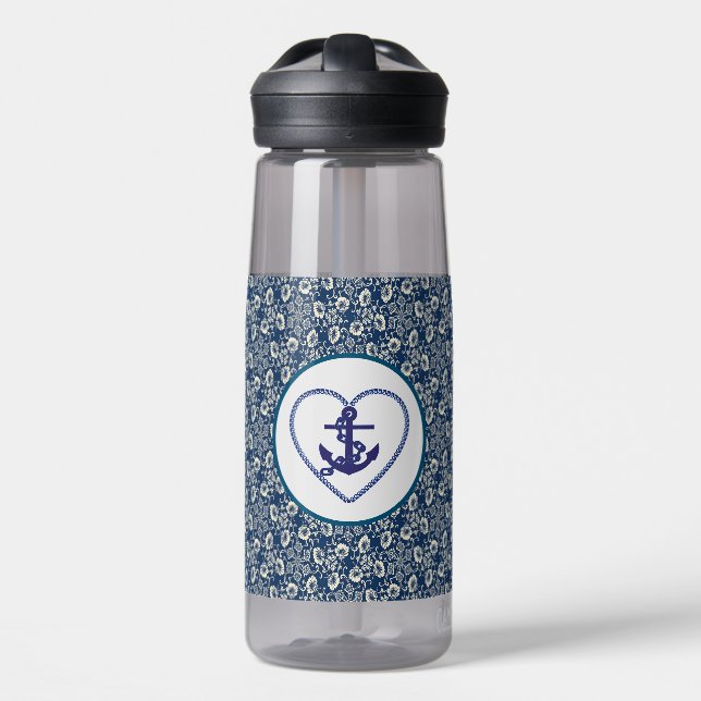 Navy Blue /  White Floral With Anchor Water Bottle (Front)