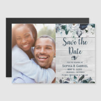 Navy Blue White Floral Wood Wedding Save the Date