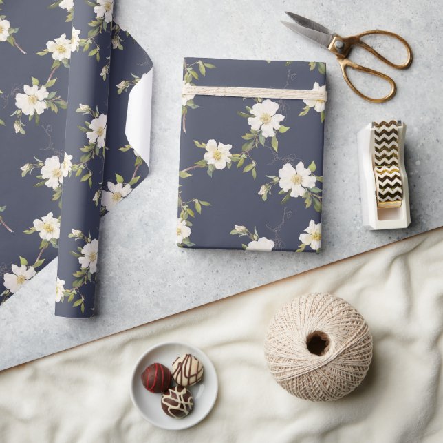 Navy Blue White Floral Wrapping Paper (Crafts)
