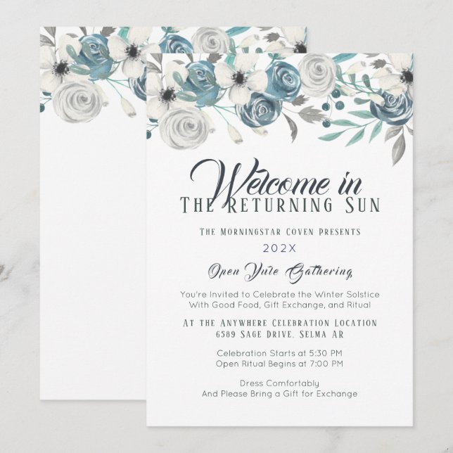 Navy Blue & White Floral Yule Winter Solstice Invitation (Front/Back)