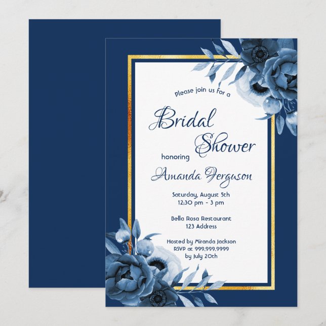 Navy blue white florals gold Bridal Shower Invitation (Front/Back)