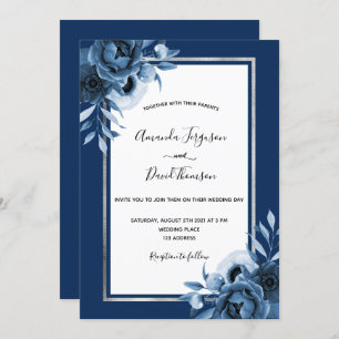 Navy blue white florals silver chic wedding invitation