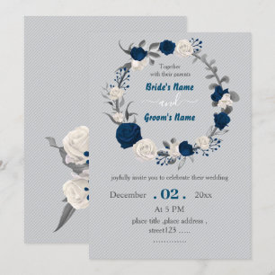 navy blue & white flowers botanical wreath wedding invitation