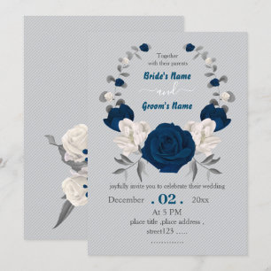 navy blue & white flowers botanical wreath wedding invitation