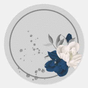 navy blue & white flowers classic round sticker