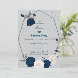 navy blue & white flowers geometric birthday invit invitation