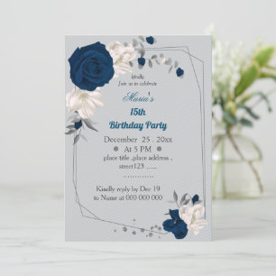 navy blue & white flowers geometric birthday invitation