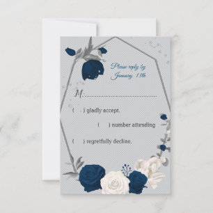 navy blue & white flowers geometric grey rsvp card