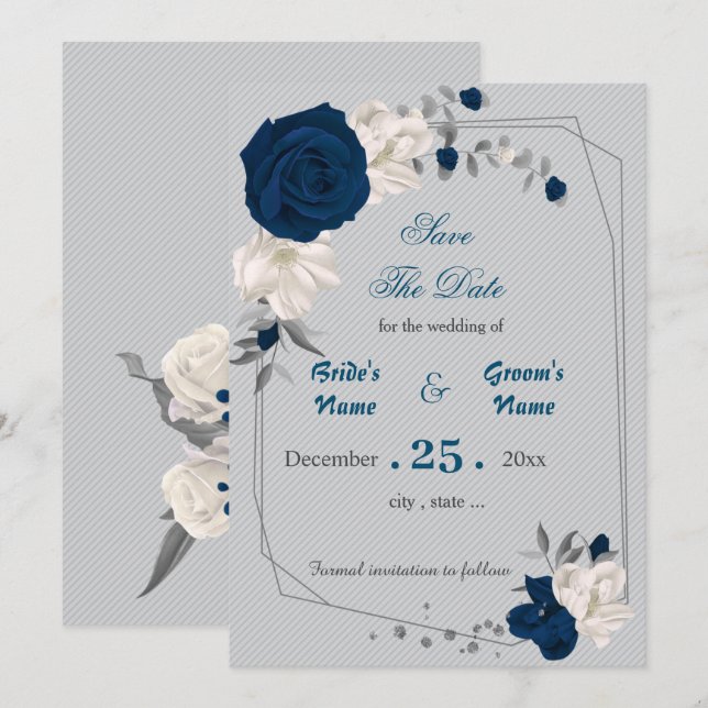 navy blue & white flowers geometric save the date invitation (Front/Back)