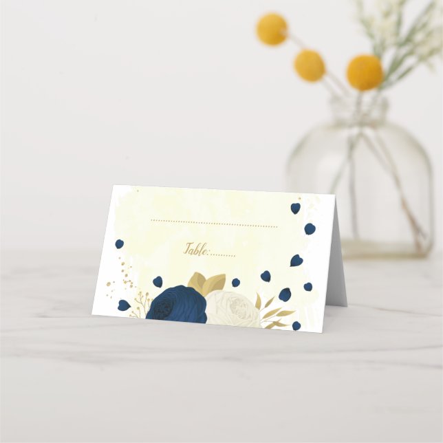 navy blue & white flowers gold botanical wedding place card (Front)