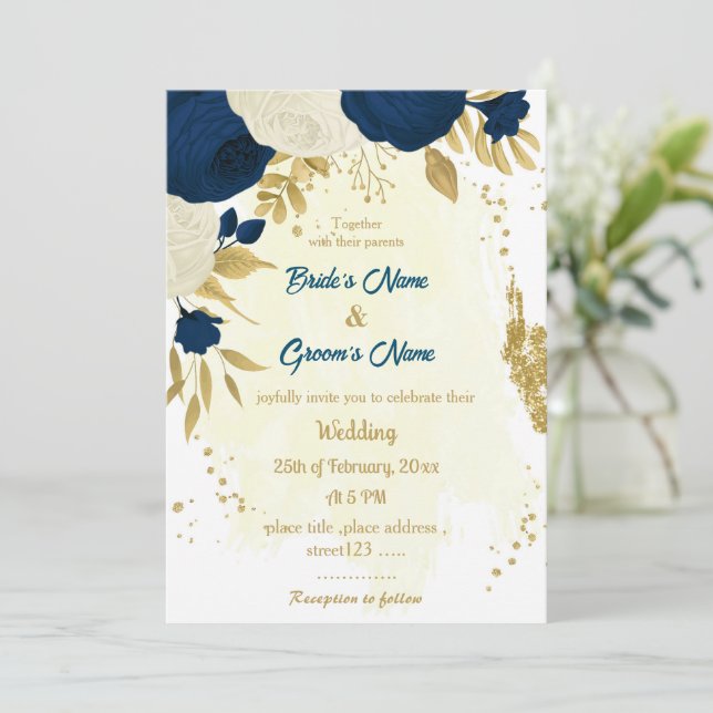 navy blue & white flowers gold wedding invitation (Standing Front)