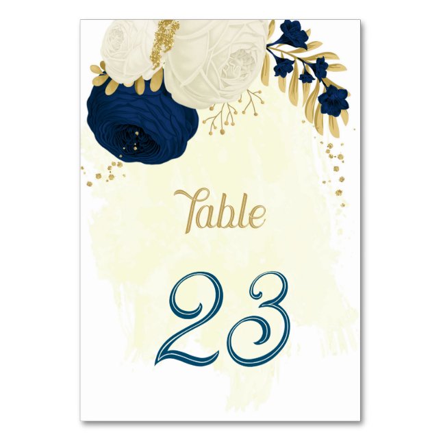 navy blue & white flowers gold wedding table numbe number (Front)