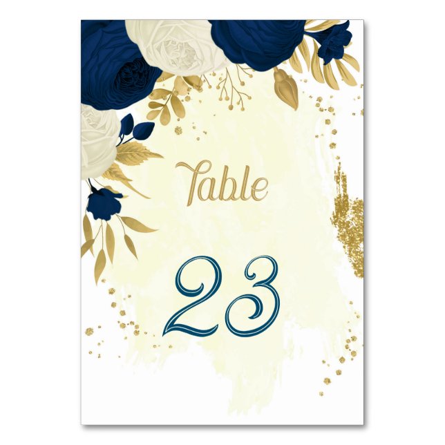 navy blue & white flowers gold wedding table number (Front)