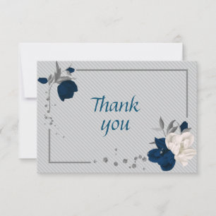 navy blue & white flowers grey leaves botanical thank you card