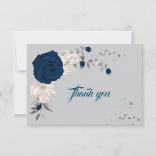 navy blue & white flowers grey leaves thank you card