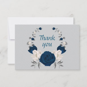 navy blue & white flowers grey leaves wreath thank you card